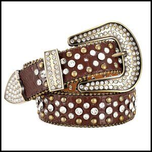 Western Rhinestone Belt Sparkling Faux Leather Adjustable Detachable Buckle